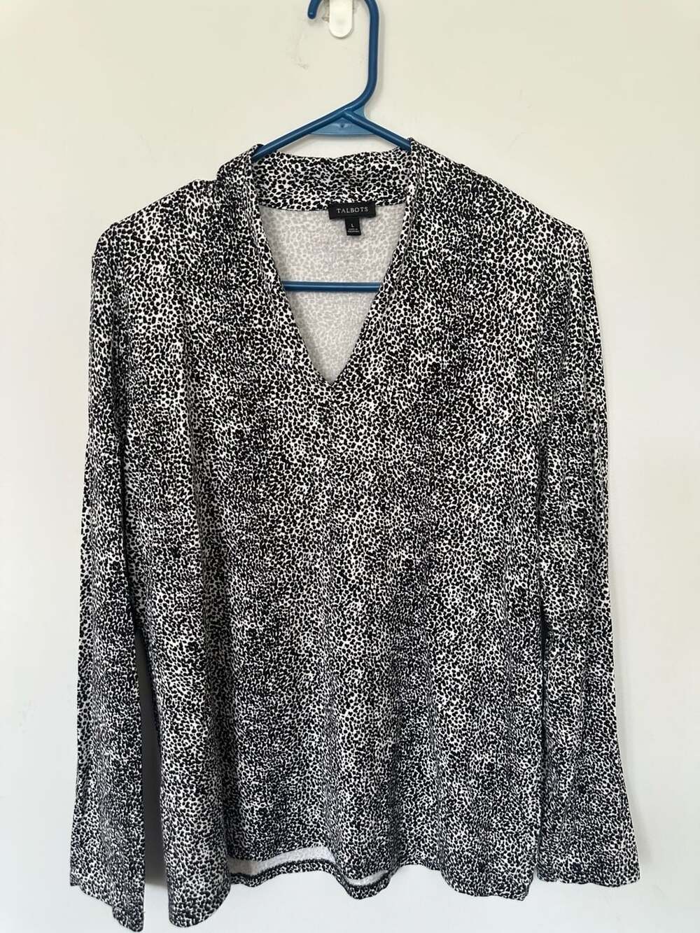 Talbots Black White Animal Print Dressy Knit Top Pullover L